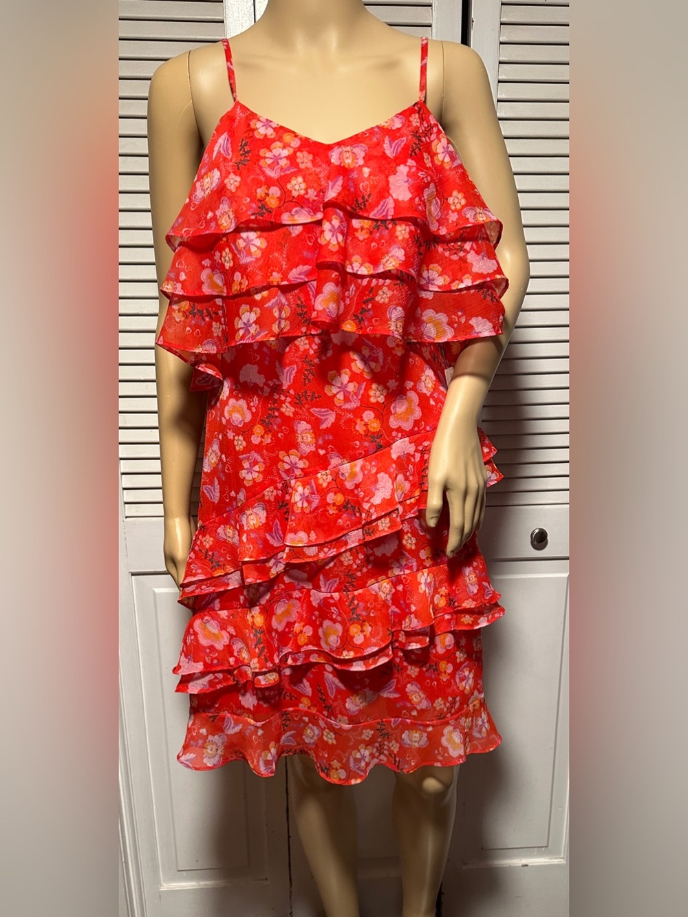 NWT Aqua Red Orange Boho Tiered Layered Cocktail Party Spaghetti Strap Dress XS